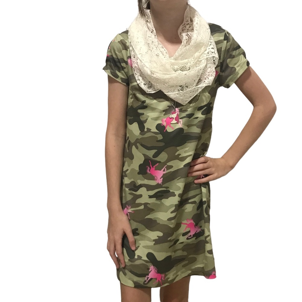 PINK VIOLET Dress Set 3-Piece Green Camo Pink Unicorn Scarf Necklace Size 7